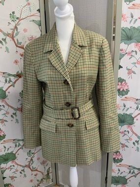 Ann Taylor Green Plaid Belted Blazer Jacket